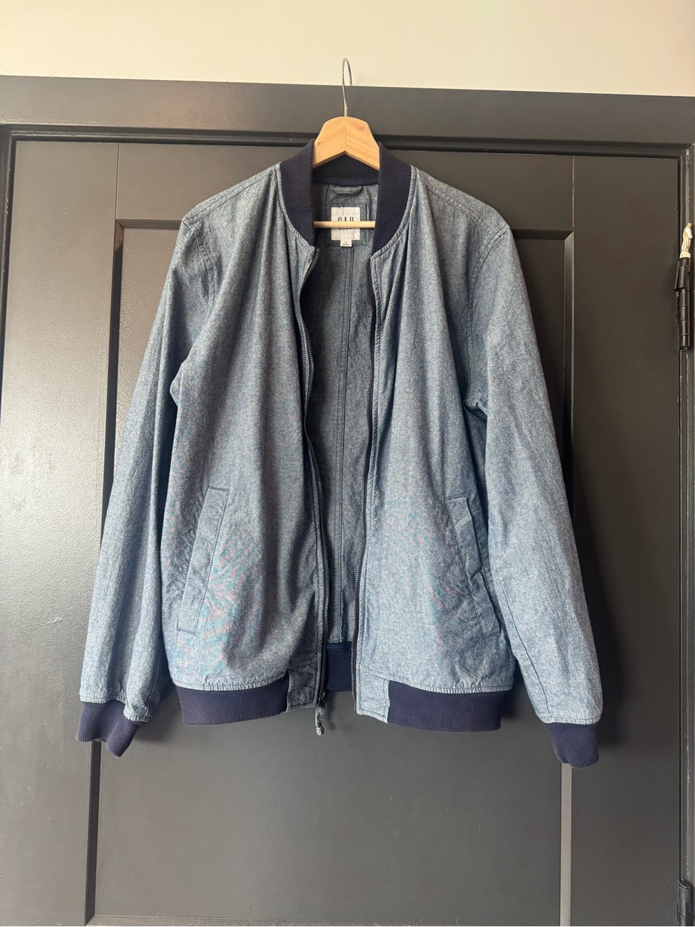 GAP Men's Light Blue Bomber Jacket with Navy Trim